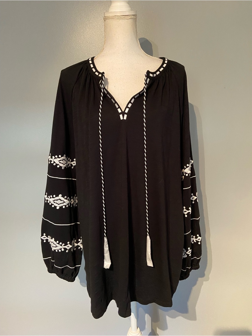 Belle by Kim Gravel Black Peasant Tunic with White Embroidery